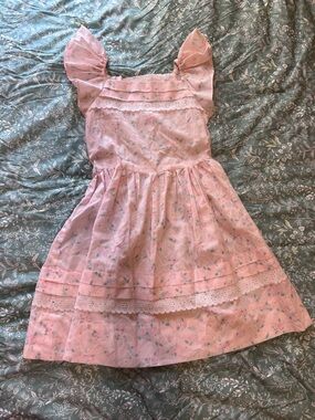 Handmade Pink Floral Eyelet Lace Flutter Sleeve Dress | Prairie Cottagecore 5/6